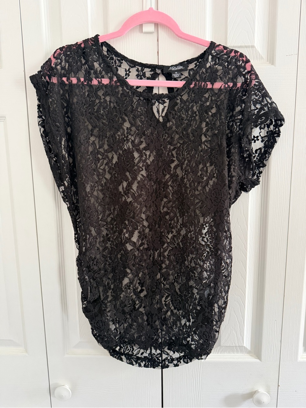 Aqua Black Floral Lace Short Sleeve Blouse